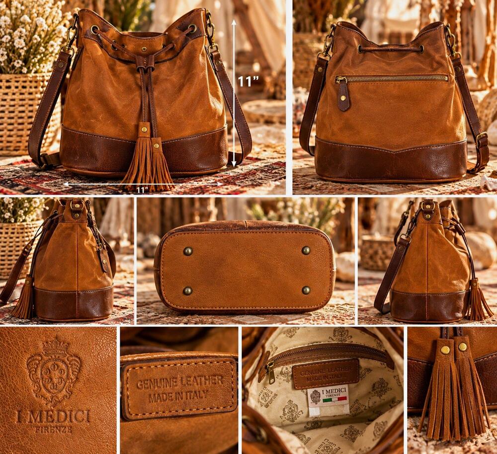 Vintage I Medici Firenze Genuine Leather Bucket Bag Made in Italy Boho Fringe